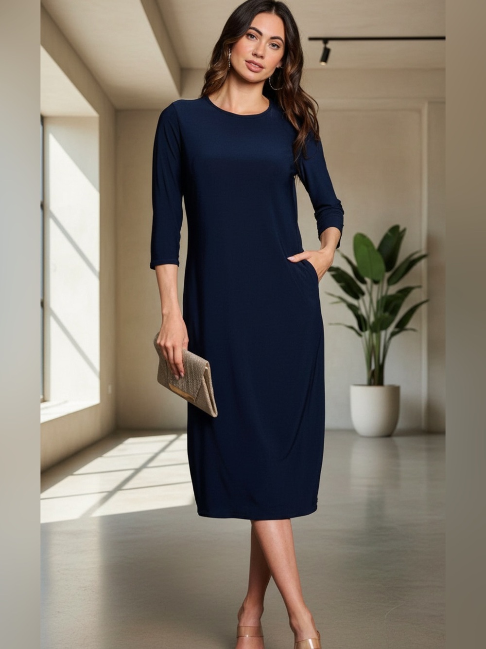 Source Unknown Navy Midi Sheath Dress with 3/4 Sleeves